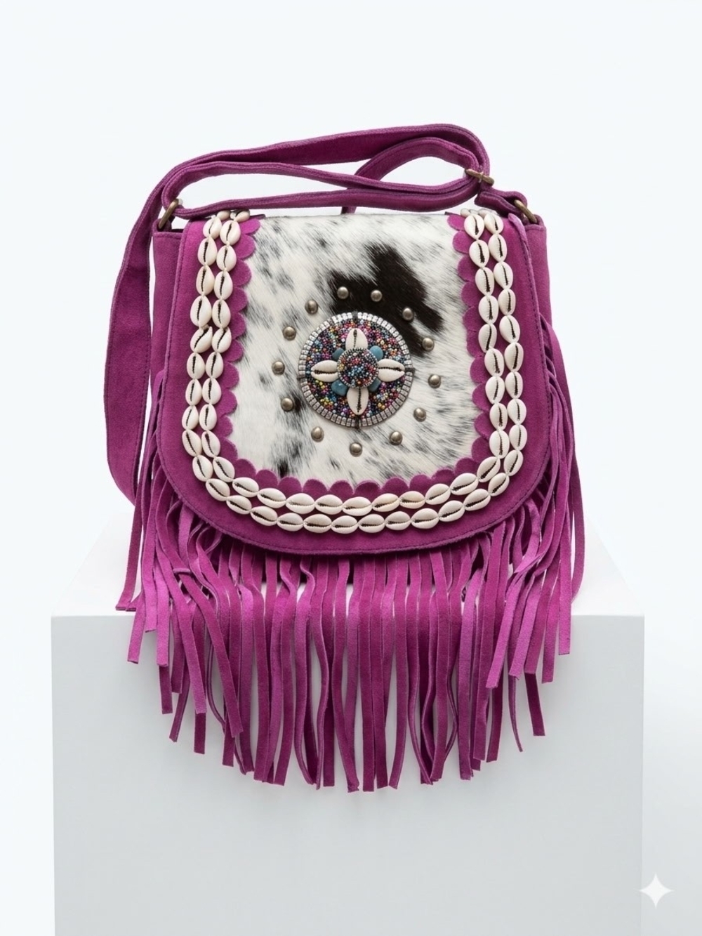 Boho Fringe Cowhide Magenta & Shells Genuine Leather Crossbody Bag NWOT